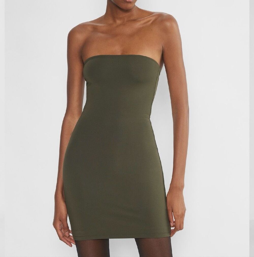 Aritzia Contour Enrapture Strapless Mini Dress Bodycon Tube olive green XS NWOT